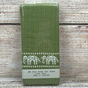 New‎ Hand Woven Thai Cotton Hand Towels Green Elephant Print Thailand